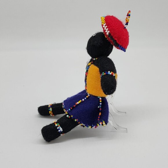 Hand Crafted African Felt Doll With Baby on Back Beaded 7.5" - Picture 4 of 9